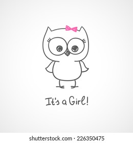 vector hand drawn baby owl, baby shower card template, it's a girl