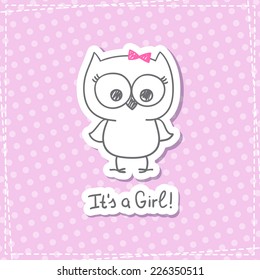vector hand drawn baby owl, baby shower card template, it's a girl