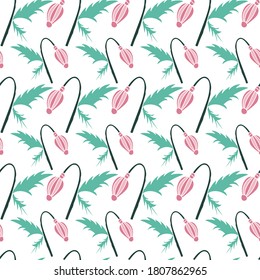 Vector hand drawn baby pink poppy bud with green leafs and stem seamless pattern background on white surface
