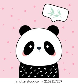 Vector hand drawn baby poster with cute panda. Panda thinks about bamboo. Poster, print on clothes, phone cases, textiles. On a pink background. Kawaii animal. Doodle style.