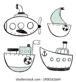 Vector hand drawn baby set with boats on a white background. Submarine boat. Sketch. Sea. Children's design. Scandinavian style.
