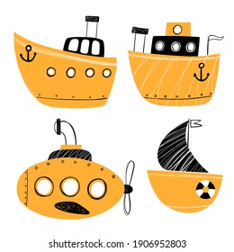 Vector hand drawn baby set with boats. Submarine boat. Sketch. Sea. Children's design. Scandinavian style.