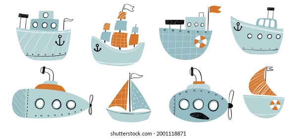 Vector hand drawn baby set with boats. Submarine boat. Sketch. Sea. Children's design. Scandinavian style. Trandy scandinavian illustration.
