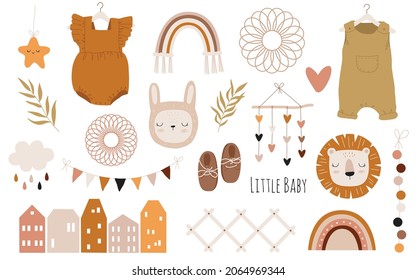 Vector hand drawn baby shower collection with houses, clothes, animals, decor elements for nursery, rainbow. Doodle illustration. Perfect for birthday, children's party, clothing prints, greeting card