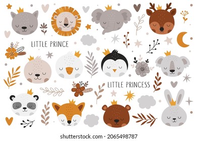 Vector hand drawn baby shower collection with animals and branches, decor elements for nursery. Little prince, princess. Perfect for birthday, children's party, clothing prints, greeting cards