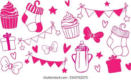 Vector hand drawn baby shower collection for girl.Hand-drawn vector doodle illustrations for children's party, baby shower, birthday. EPS 10 format. Baby socks, sippy cup, hearts, holiday garland