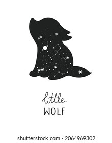 Vector hand drawn baby wolf for decoration. Celestial clipart. Perfect for baby shower, birthday, children's party, clothing prints, greeting cards