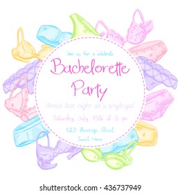 vector hand drawn bachelorette party invitation card with funny panties and bra.