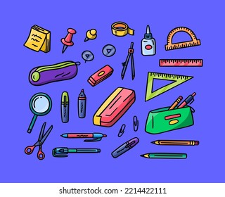 Vector hand drawn Back to School colorful doodles set. Includes cute pencil case, magnifying glass, ruler, text highlighter, pin and glue bottle.