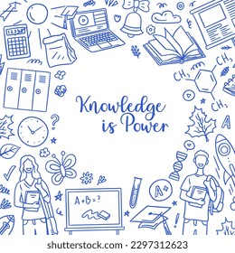 Vector hand drawn Back to School colorful doodles background template. Includes cute chalkboard, laptop, watches, butterfly, paper bag, lab tube and students