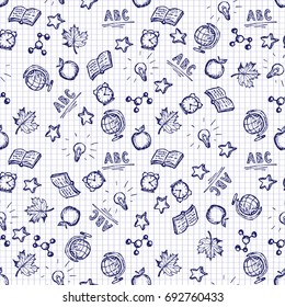 Vector hand drawn back to school seamless pattern for kids with globe, book, apple, autumn leaf, abc and other.