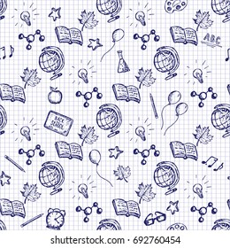 Vector hand drawn back to school seamless pattern for kids with globe, book, apple, autumn leaf, abc and other.