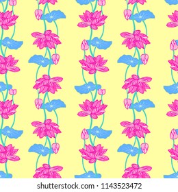 Vector of Hand drawn background of Beautiful lotus flowers and leaves. Botanical lotus flower seamlss pattern for invitation or greeting card design.