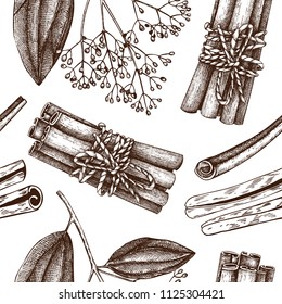 Vector hand drawn background  with Cassia plant sketches. Kitchen spice seamless pattern.  Vintage cinnamon bark drawing. 