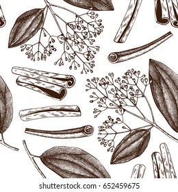 Vector hand drawn background with Cassia. Aromatic and medicinal plant sketch. Perfumery and cosmetics ingredients. Chinese cinnamon. Seamless pattern