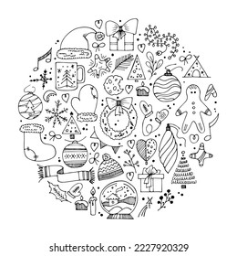 Fondo dibujado a mano del vector. Fotos de Navidad en estilo doodle, ilustraciones de Año Nuevo para el diseño de tarjetas de felicitación, para el diseño de un afiche, pancarta, impresión. 