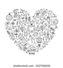 Vektorgrafik, handgezeichnet, Hintergrund. Weihnachtsbilder im Doodle-Stil, Silvester-Illustrationen für Grußkartendesign, für das Design eines Posters, Banners, Drucks. 