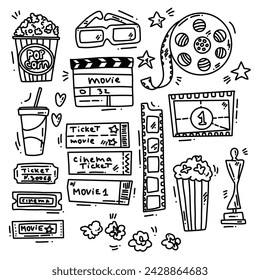 vector hand drawn background of cinema doodles. big set with cute elemnts for prints