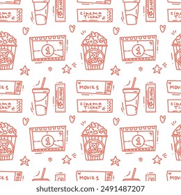 vector hand drawn background of cinema doodles. seamless pattern with cute elemnts for prints