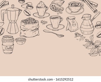 Vector Hand drawn background with coffee. Coffee time set.