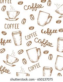 Vector hand drawn background with coffee cups, beans and phrases. 