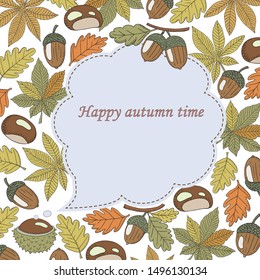 Vector hand drawn background with colorful autumn leaves, acorns and chestnuts
