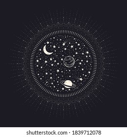 Vector hand drawn background with constellations, planets, moon and stars inside shining sun with rays. Space black and white circle shape illustration 