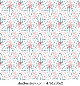 Vector hand drawn background, design element for greeting card, fabric, wrapping paper. Holly with berry. Christmas seamless pattern