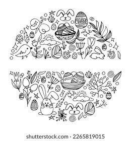 Vector hand drawn background. Easter pictures in doodle style. Line art illustrations for greeting card design, for design of a poster, banner, print. 