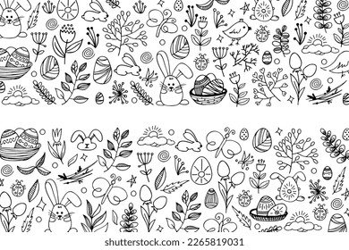 Vector hand drawn background. Easter pictures in doodle style. Line art illustrations for greeting card design, for design of a poster, banner, print. 