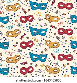 Vector hand drawn background with festive masquerade theme. Seamless colorful pattern in doodle style with red, blue and yellow masks, candy and stars. 