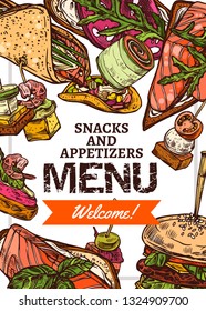 Vector hand drawn background with finger food. Poster with color sketch illustration. Design template for menu