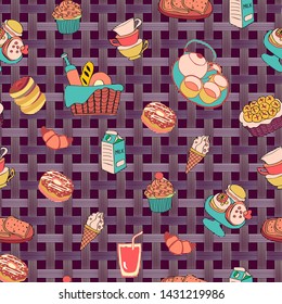 Vector hand drawn background with food and drinks elements dairy food and snacks seamless patern on geometric strokes and stripe texture. 