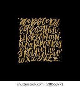 Vector Hand Drawn Background. Golden Glitter Letters. Handwritten Script Alphabet. Hand Lettering and Custom Typography for Designs: Logo, for Posters, Invitations, Cards, etc. Vector Illustrations.