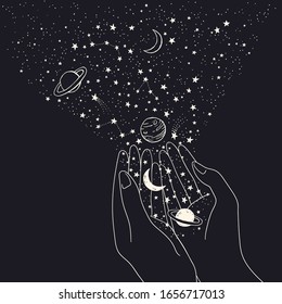 Vector hand drawn background with hands holding constellations, planets, moon and stars. Space doodle magic illustration 