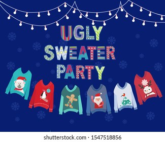 Vector hand drawn background with hanging ugly Christmas sweaters  and string lights. Christmas holiday cute ugly sweater party invitation design. 