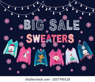 Vector hand drawn background with hanging ugly Christmas sweaters  and string lights. Big winter sale banner for shop, online store,boutique.