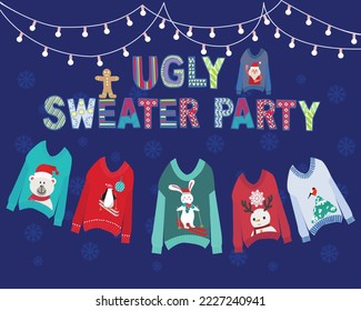 Vector hand drawn background with hanging ugly Christmas sweaters  and string lights. Christmas holiday cute ugly sweater party invitation design. 