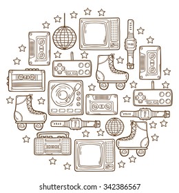 Vector hand drawn background on 80s theme in circle shape