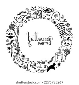Vector hand drawn background. Set Halloween pictures in doodle style. Line art illustrations 