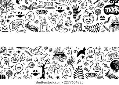 Vector hand drawn background. Set Halloween pictures in doodle style. Line art illustrations 