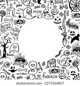 Vector hand drawn background. Set Halloween pictures in doodle style. Line art illustrations 