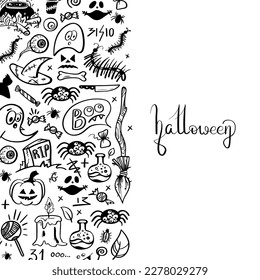 Vector hand drawn background. Set Halloween pictures in doodle style. Line art illustrations 