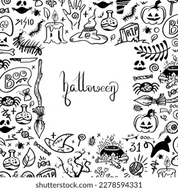 Vector hand drawn background. Set Halloween pictures in doodle style. Line art illustrations 