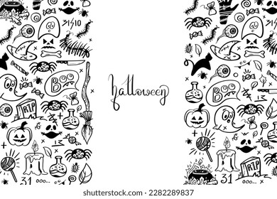 Vector hand drawn background. Set Halloween pictures in doodle style. Line art illustrations 