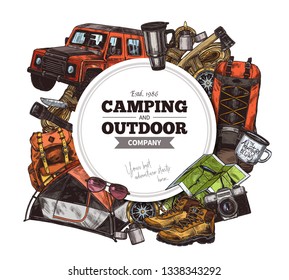 Vector hand drawn background with touristic accessories and equipment for outdoor adventure and camping. Sketch illustration collection. Design template