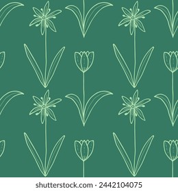 Vektor handgezeichneter Hintergrund mit Tulpen. Vintage nahtlose Muster Tulpen