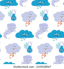Vector Hand Drawn Bad Weather Repeat Pattern. Cute Cloud With Lightning And Rain Seamless Pattern