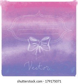 Vector hand drawn badge / banner with a bow knot over blue watercolor background