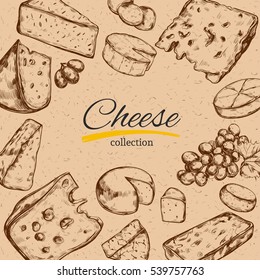 Vector hand drawn badges with fifteen  different types of cheese. Isolated objects 